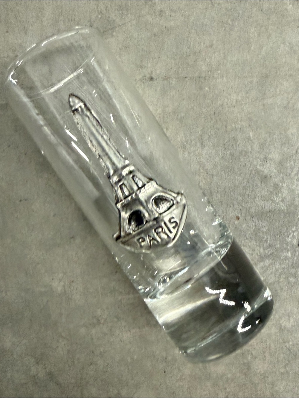 Glass Shot Glass with Pewter “Paris” Eiffel Tower Embellishment